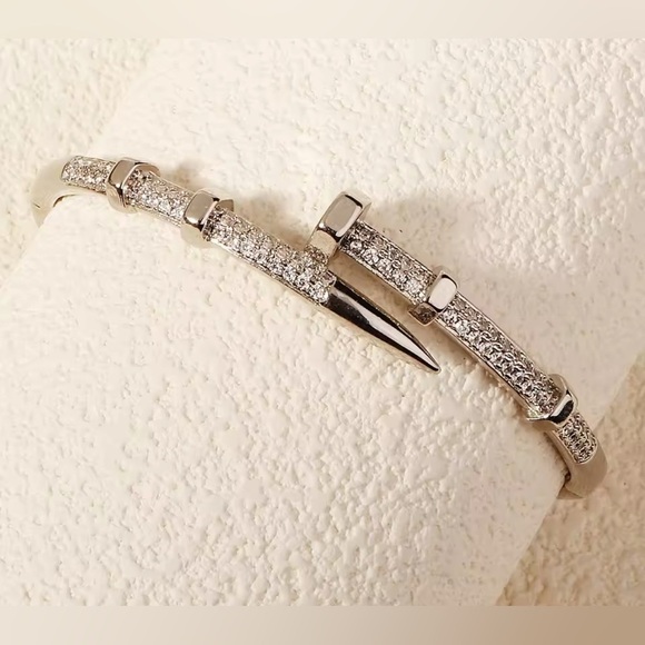 18K White Gold Nail Bolt Screw Bracelet Bangle Diamond Inlay Designer Inspired - Picture 4 of 8